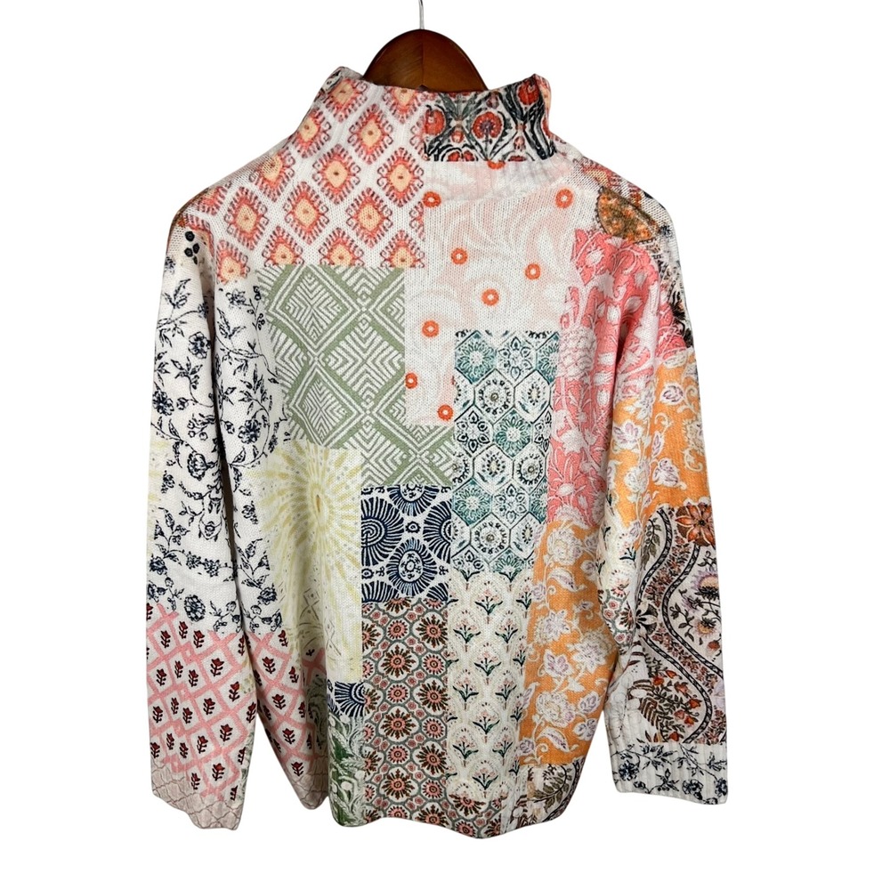 Women Patchwork Sweater Large Soft Knit Mock Neck Whimsigoth Eclectic Cottage